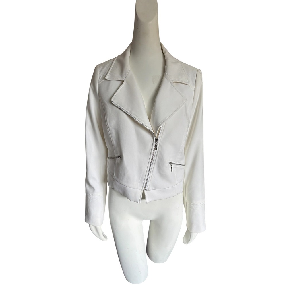 White House Black Market White Moto Jacket Asymmetrical Zip Quilted‎ Shoulder 12